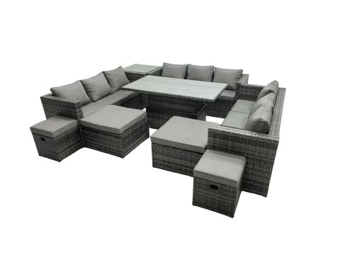 Fimous Rattan Dining Table Sofa Set with Side Table 4 Stools Outdoor 13 Seat Garden Furniture Set Dark Grey Mixed