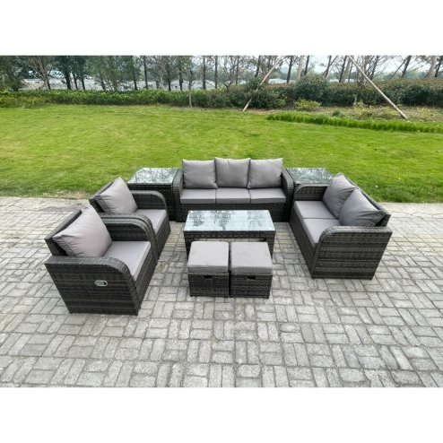 Fimous 9 Seater Outdoor Rattan Garden Furniture Set Rattan Lounge Sofa Set with Rectangular Coffee Table 2 Side Tables 2 Small Footstools Dark Grey Mixed