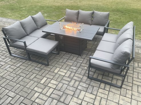 Fimous Aluminium 10 Seater Garden Furniture Outdoor Set Patio Lounge Sofa Gas Fire Pit Dining Table Set with Big Footstool Dark Grey