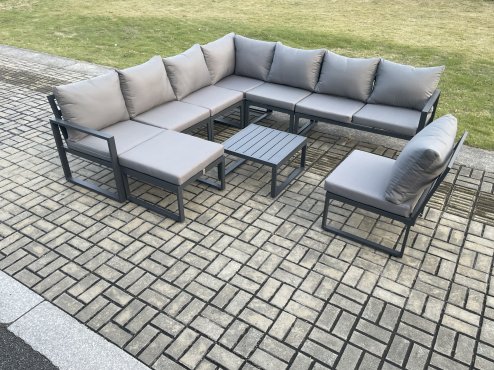 Fimous 9 Seater Patio Outdoor Garden Furniture Aluminium Lounge Corner Sofa Set with Square Coffee Table Big Footstool Dark Grey