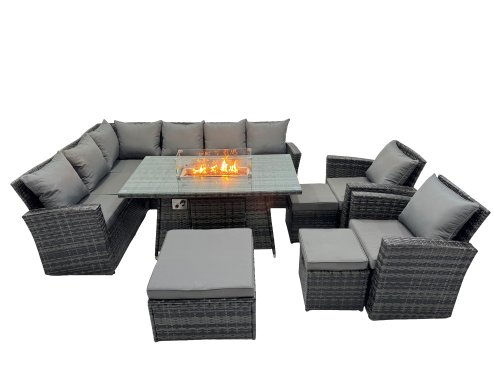 Fimous Poly Rattan Outdoor Patio Gas Firpit Dining Table Corner Sofa Set with 3 Stools 2 Chairs for Garden Backyard Dark Grey Mixed
