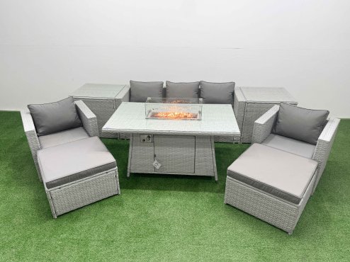 Fimous 7 Seat PE Rattan Lounge Sofa Set Outdoor Garden Furniture Set with Firepit Dining Table 3 Seater Sofa 2 Big Footstools 2 Side Tables Light Grey