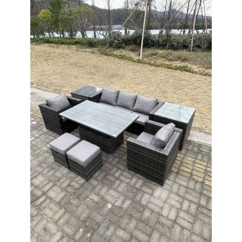 Fimous Rattan Garden Furniture Adjustable Rising Lifting Dining Table Sofa Set Chairs 2 Side Coffee Tables with 2 Stools