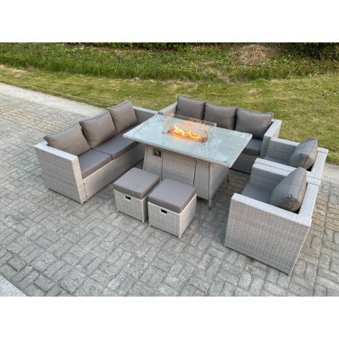 Fimous Light Grey Rattan FirePit Dining Set Garden Furniture Set Gas Heater Burner Lounge Sofa Dining Set Chairs Stools