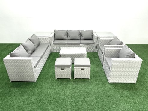 Fimous Outdoor Rattan Sofa Garden Furniture Set with 2 Armchairs Oblong Coffee Table 2 Small Footstools 2 Side Tables Light Grey Mixed