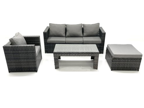 Fimous Rattan Garden Furniture Set Outdoor Lounger Sofa with Coffee Table Armchair Big Footstool Dark Grey Mixed
