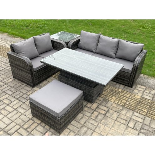 Fimous 6 Seater Outdoor Rattan Garden Furniture Sets Height Adjustable Rising lifting Dining Table Lounge Sofa Set With Side Table Big Footstool Dark Grey Mixed