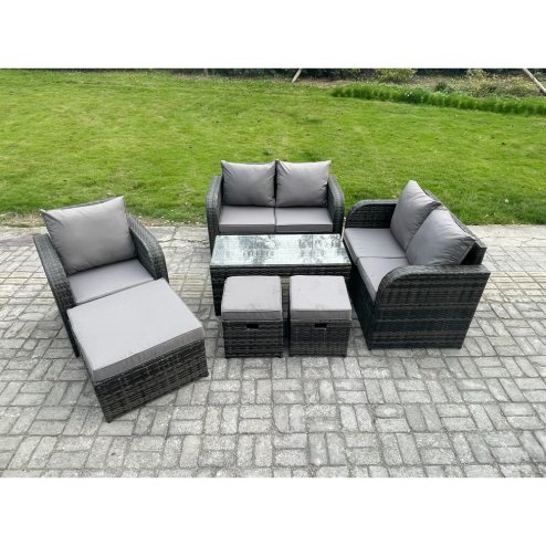 Fimous Rattan Outdoor Garden Furniture Sofa Set Patio Table & Chairs Set with 3 Footstools Dark Grey Mixed
