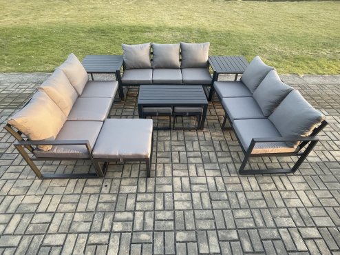 Fimous Aluminium Outdoor Garden Furniture Set Lounge Sofa Oblong Coffee Table 3 Footstools 2 Side Tables Sets with Cushions Dark Grey 12 Seater