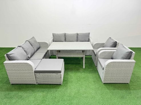Fimous PE Rattan High Back Lounge Sofa Set Patio Rectangular Dining Table & Chairs Set with 3 Seater Sofa Reclining Chair Big Footstool Light Grey