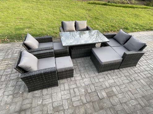 Fimous Outdoor Garden Furniture Sets 8 Pieces Wicker Rattan Furniture Sofa Dining Table Set with 3 Footstools Dark Grey Mixed