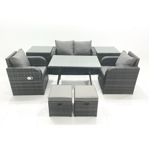 Fimous Outdoor Garden Furniture Set Rattan Sofa Dining Table Set with Reclining Chair 2 Small Footstool 2 Side Table Dark Grey Mixed