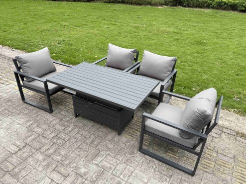 Fimous 9 Pieces Aluminium Garden Furniture Set with Cushions, Patio Furniture Set with Adjustable Rising Lifting Dining Table Dark Grey