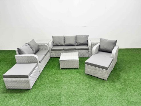 Fimous Patio PE Wicker 8 Seater Outdoor Rattan Furniture Sofa Sets with Square Coffee Table Reclining Chair Loveseat Sofa 3 Seater Sofa 2 Big Footstools 2 Side Table Light Grey Image