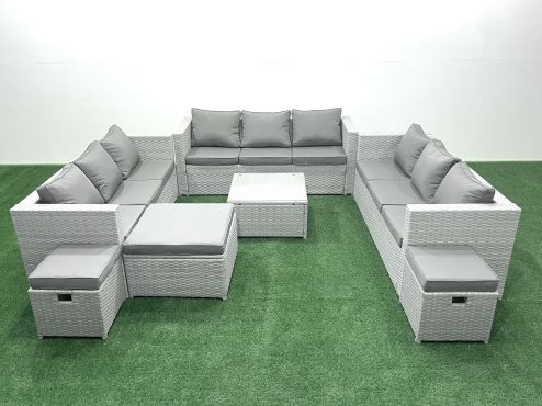 Fimous Rattan Garden Outdoor Furniture Set 12 Seater Rattan Garden Sofa Set with 3 Footstools Light Grey Mixed