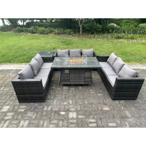 Fimous 9 Seater Rattan Garden Furniture Sofa Set Outdoor Patio Gas Fire Pit Dining Table Gas Heater Burner With Side Table Dark Grey Mixed