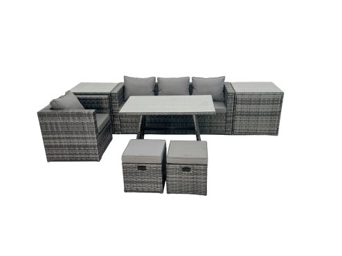 Fimous Rattan Dining Table Sofa Armchair Set with 2 Side Tables 2 Small Footstools Outdoor Garden Furniture Set Dark Grey Mixed