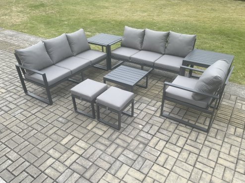 Fimous Aluminium 9 Seater Outdoor Garden Furniture Lounge Sofa Set with Square Coffee Table Chair 2 Small Footstools 2 Side Table Dark Grey