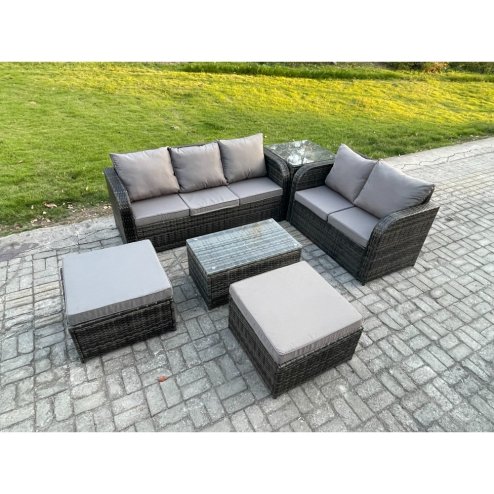 Fimous Wicker PE Rattan Garden Furniture Set 7 Seater Outdoor Lounge Sofa Set with Love Sofa Coffee Table 2 Big Footstool Side Table Dark Grey Mixed