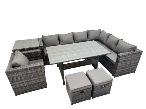 Fimous Rattan Garden Furniture Set Outdoor 9 Seater Patio Dining Corner Sofa Sets with Dining Table Chair 2 Small Stools Dark Grey Mixed