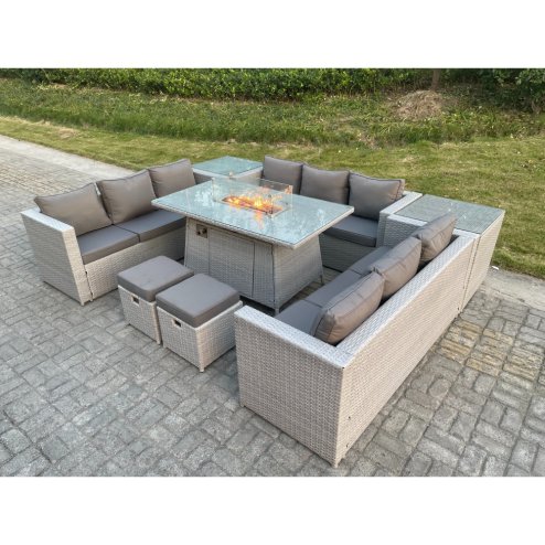 Fimous Light Grey U Shape Lounge Sofa Dining Set With Gas Fire Pit Heater Burner With 2 PC Side Coffee Tea Table Stools