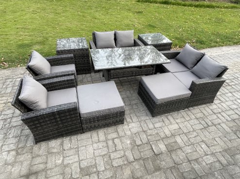 Fimous Garden Furniture Sets 9 Pieces Rattan Furniture Handmade Wicker Patio Sofa Set with 2 Big Footstool 2 Side Tables Dark Grey Mixed