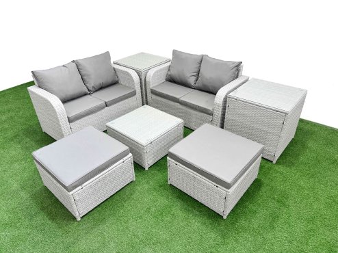 Fimous 6 Seater Outdoor Love Sofa Set Rattan Garden Furniture Set with Square Coffee Table 2 Footstool 2 Side Tables Light Grey