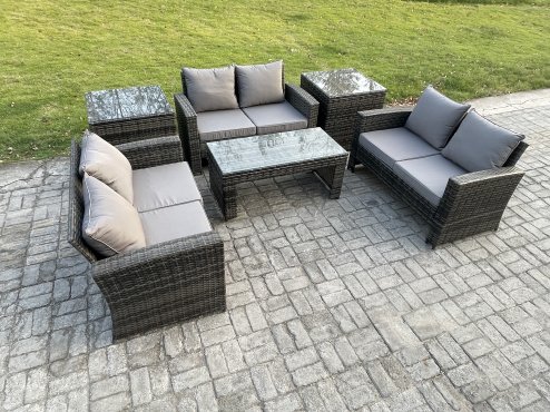 Fimous 6 PCS Outdoor Lounge Sofa Set Wicker PE Rattan Garden Furniture Set with Coffee Table Double Seater Sofa 2 Side Tables Dark Grey Mixed