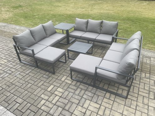 Fimous Aluminium Outdoor Garden Furniture Set Patio Lounge Sofa with Square Coffee Table Side Table 2 Big Footstools Conservatory Set Dark Grey