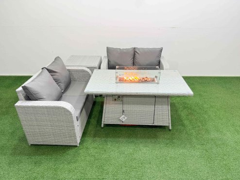 Fimous 4 Seater Outdoor Love Sofa Set Rattan Garden Furniture Set with Firepit Dining Table Side Table Light Grey