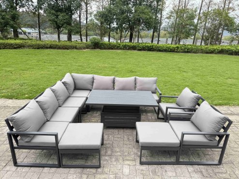 Fimous 10 Seater Aluminium Sofa Set 9 Pieces Outdoor Garden Furniture - Rising Dining Table with Cushions 2 Big Footstools Dark Grey