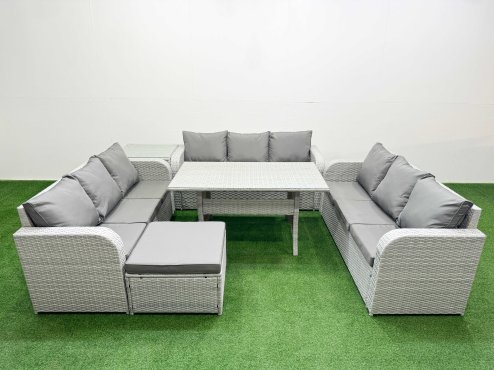 Fimous PE Rattan Lounge Sofa Set 10 Seater Outdoor Garden Furniture Set with Rectangular Dining Table 3 Seater Sofa Big Footstool Side Table Light Grey