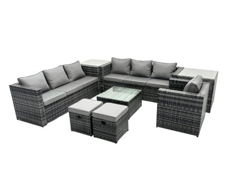 Fimous Rattan Garden Furniture Dining Set 9-seater Patio Coffee Table Sofa Set with 2 Side Tables 2 Small Stools Dark Grey Mixed