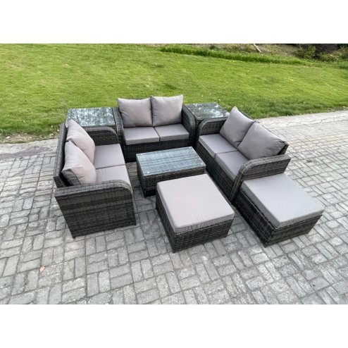 Fimous Wicker PE Rattan Garden Furniture Set 8 Seater Outdoor Lounge Sofa Set with Love Sofa Coffee Table 2 Side Tables 2 Big Footstool Dark Grey Mixed