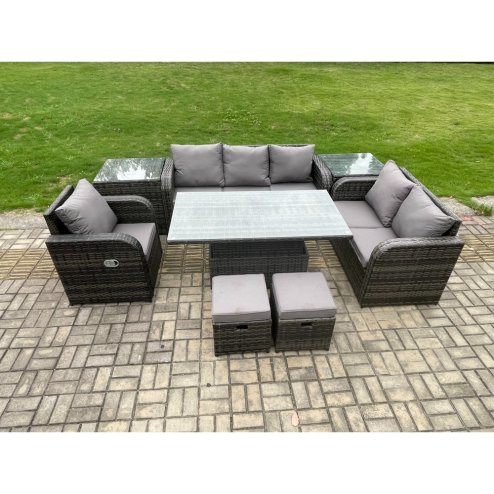 Fimous Rattan Outdoor Furniture Garden Dining Set Patio Height Adjustable Rising lifting Table Reclining Chair Sofa With 2 Side Tables 2 Small Footstools Dark Grey Mixed