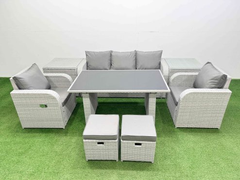 Fimous Outdoor Rattan Garden Furniture Dining Set 7-seater Patio Rectangular Table 3 Seater Sofa Reclining Chair Set with 2 Side Tables 2 Small Stools