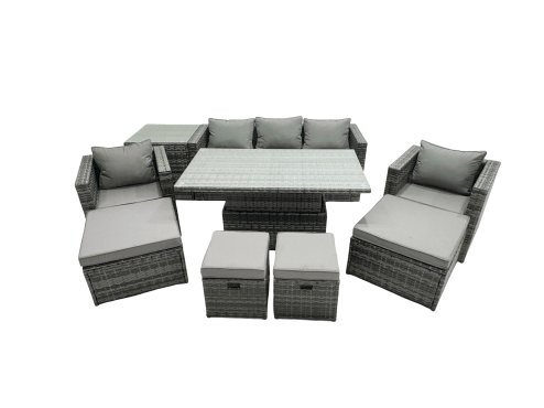 Fimous PE Rattan Garden Furniture Set Lounge Sofa Rising Dining Table Set with Side Table 4 Footstool Dark Grey Mixed