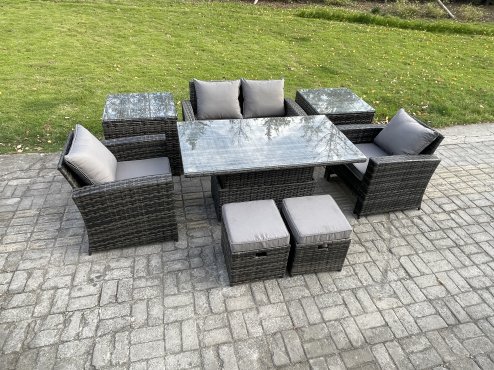 Fimous High Back Rattan Garden Furniture Sofa Sets with Height Adjustable Rising Lifting Table 2 Side Tables 2 Small Footstools Dark Grey Mixed