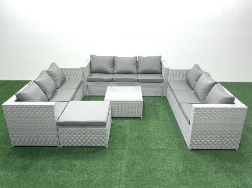 Fimous Rattan Garden Outdoor Furniture Set 10 Seater Rattan Garden Sofa Set with Big Footstool Light Grey Mixed