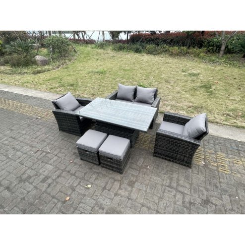 Fimous Rattan Outdoor Furniture Adjustable Rising Lifting Rectangle Dining Table Chairs Two Seater Love Sofa Sets Footstools 6 Seater