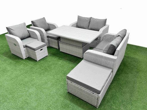 Fimous 9 Seater Outdoor Reclining Chair Love Sofa Set Rattan Garden Furniture Set with Adjustable Lifting Dining or Coffee Table 3 Stools Light Grey