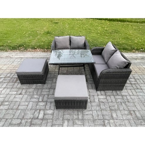 Fimous Outdoor Garden Furniture Sets 5 Pieces Wicker Rattan Furniture Sofa Sets with Rectangular Dining Table Love Sofa 2 Big Footstool