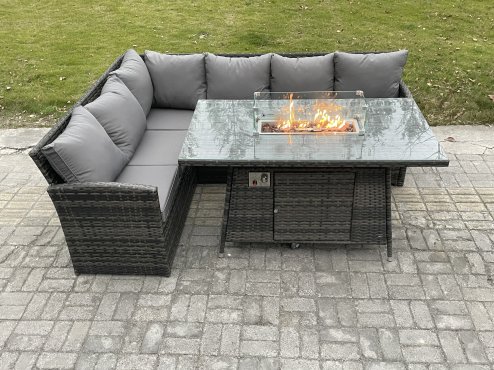 Fimous Rattan Garden Furniture High Back Corner Sofa Gas Fire Pit Dining Table Sets Gas Heater 6 Seater Dark Grey Mixed