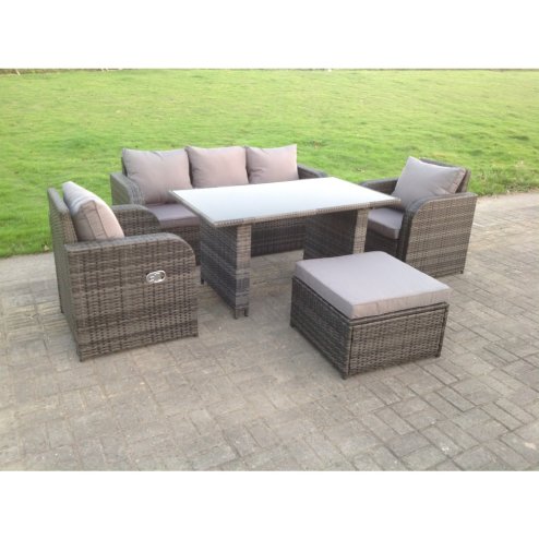 Fimous Rattan Garden Furniture Set Adjustable Chair Sofa Lounge 3 Seater Sofa Rectangular Dining Black Glass Table Footstool