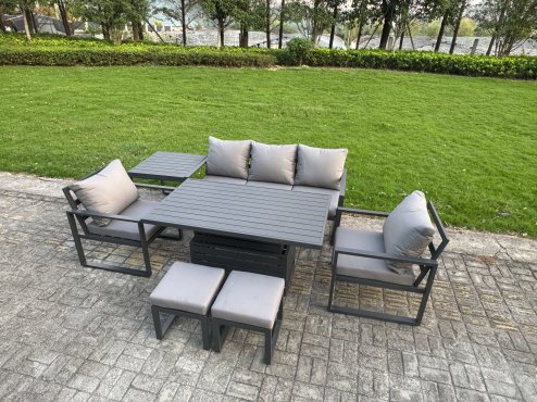 Fimous 6-Piece Aluminium Garden Furniture Sets 7 Seater Outdoor Sofa Set with Adjustable Rising Lifting Dining Table 2 Chairs 2 Small Footstools
