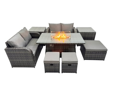 Fimous 7-seater Patio Gas Firpit Dining Table Sofa Sets Rattan Garden Furniture Dining Set with 3 Stools 2 Side Tables Dark Grey Mixed