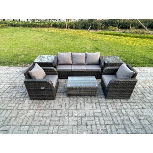 Fimous Outdoor Rattan Garden Furniture Set Patio Lounge Sofa Set with Reclining Chair Rectangular Coffee Table 2 Side Tables Dark Grey Mixed