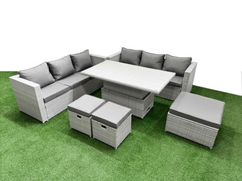Fimous 6 PCs Rising Dining Table Set Rattan Furniture Set with 3 Seater Sofa 2 Small Footstools Big Footstool Light Grey