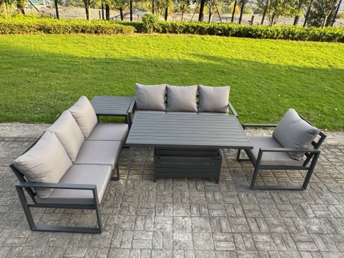 Fimous Aluminium Garden Furniture Sets,7 Seater Outdoor Sofa Dining Set with Adjustable Rising Lifting Dining Table Cushions for Yard,Poolside, Patio, Dark Grey