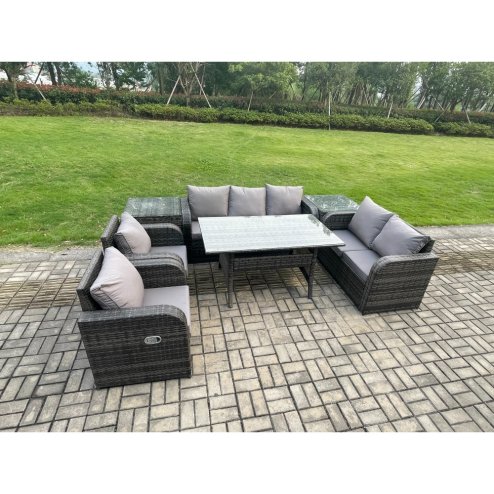 Fimous Dark Grey PE Wicker Rattan Garden Furniture Set Reclining Chair Love Sofa 2 Seater Sofa Set Outdoor Rectangular Dining Table 2 Side Tables 7 Seater